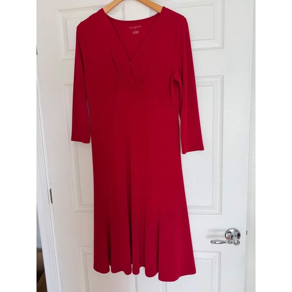 Talbots Red V-Neck Fit and Flare Midi Dress 3/4 Sleeve Size L